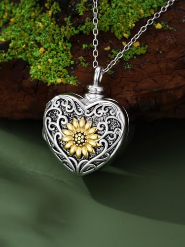 WINNICACA Cremation Jewelry for Ashes Locket Ashes Necklace Urn Necklace for Women Sterling Silver Cremation Necklace for Ashes Fine Keepsake Picture Necklace Memorial Jewelry - style: B03-Sunflower Urn Locket Necklace