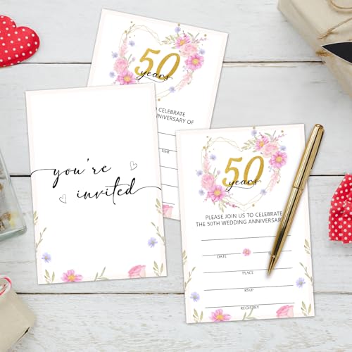 50 Years Anniversary Bridal Shower Invitations Cards, Set of 25 Pink Floral Fill in Style 50th Year Wedding Invites Cards with Envelopes for Couples Marriage Party Supplies-T06 - color: 50 Years-02