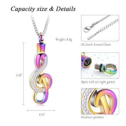 XSMZB Cremation Jewelry Crystal Music Note Urn Necklace for Ashes Stainless Steel Necklace Urn Cremation Memorial Ashes Holder Keepsake Pendant Locket - color: Colorful