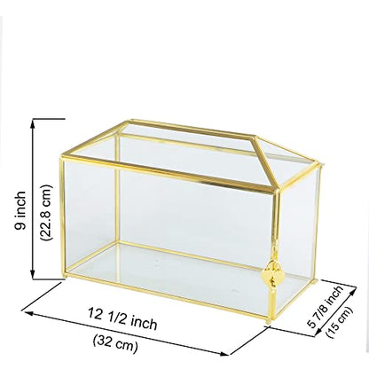 Glass Wedding Card Box with Slot, 12.6 inch Large Clear Card Box Gold Brass Gift Card Storage Box with Lock for Wedding Receptions, Baby Shower, Birthday Party, Bridal Shower - color: 12.5 inch