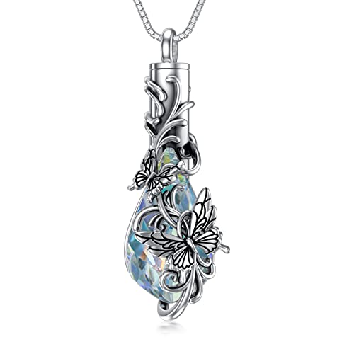 PELOVNY Urn Necklace for Ashes 925 Sterling Silver Butterfly Dragonfly Bee Phoenix Hummingbird Urn Necklaces Animal Crystal Cremation Jewelry for Ashes Cat Dog Pet Memorial Gifts - color: 01-Butterfly Teardrop Urn