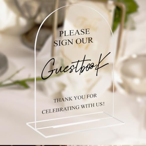 Please Sign Our Guestbook Wedding Sign, Clear Acrylic Table Decor | 5×7 Inch Modern Calligraphy Reception Ceremony Signage, Guest Book Tabletop Decoration - color: Guestbook