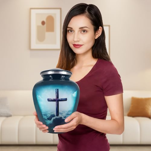 M MEILINXU Turquoise Cross Urns for Human Ashes Adult Female, Full Size Urn - color: Turquoise