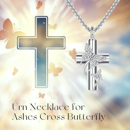 ONEFINITY Religious Urn Necklace for Ashes 925 Sterling Silver Cross/Angel Wing/Butterfly/Raphael Abalone Shell Pendant Necklace Cremation Memorial Keepsake Jewelry Gift for Ashes of Loved One Women - style: Cross Butterfly 2