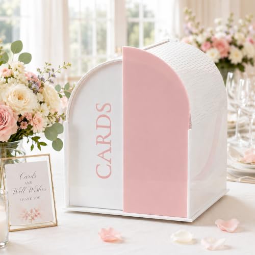 White Arched Wedding Card Box with Pink Standee & Erasable Pen for Party | Acrylic Wedding Card Boxes for Reception, Wide Slot, Wedding Box for Cards and Money, for Birthday Graduation Baby Shower - color: Pink-1