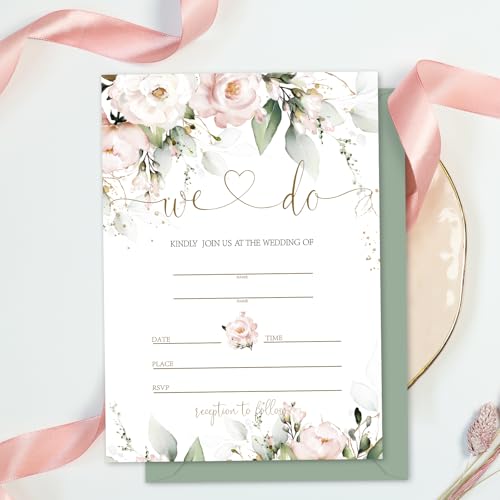 Whaline 25 Sets Floral Wedding Invitation with Envelopes Stickers Eucalyptus Leaves Flower Mr & Mrs Fill in Blank Invites Cards for Bridal Shower, 5 x 7 Inch - style: Leaves Flower