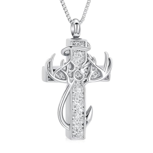 XSMZB Cross Cremation Jewelry Urn Necklace for Human Ashes Fish Hook Memorial Urn Pendant Deer Antler Cross Ashes Holder Keepsake Jewelry - color: Silver