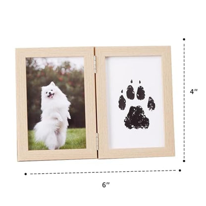 Pet Memorial Double Picture Frame with Paw Print Kit, Natural Wood, Includes Black Ink Pad and Print Papers (White)