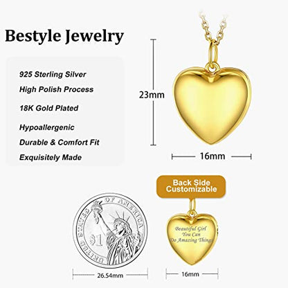 Bestyle Sterling Silver Heart Locket Necklace for Women, Dainty Cute Small Heart Locket Pendant in Gold/Rose Gold/Silver, Love Statement Jewelry Gift for Mother Wife - color: A0. Plain Bold Heart-Gold-Locket Only, NO Custom