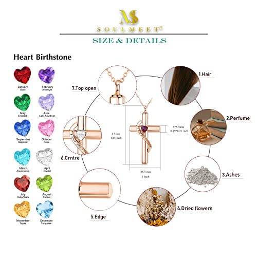 SOULMEET Crystal Cross Necklace for Ashes, Sterling Silver I Love You Forever Birthstone Cross Urn Necklaces for Ashes Keepsake Cremation Jewelry for Pet Human Ashes - style: M-Custom Real Rose Gold & Birthstone