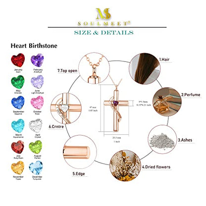 SOULMEET Crystal Cross Necklace for Ashes, Sterling Silver I Love You Forever Birthstone Cross Urn Necklaces for Ashes Keepsake Cremation Jewelry for Pet Human Ashes - style: M-Custom Real Rose Gold & Birthstone