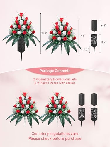Mirevielyn 2-Pack 24-Stem Artificial Rose Cemetery Flowers with Vases - color: Red & White