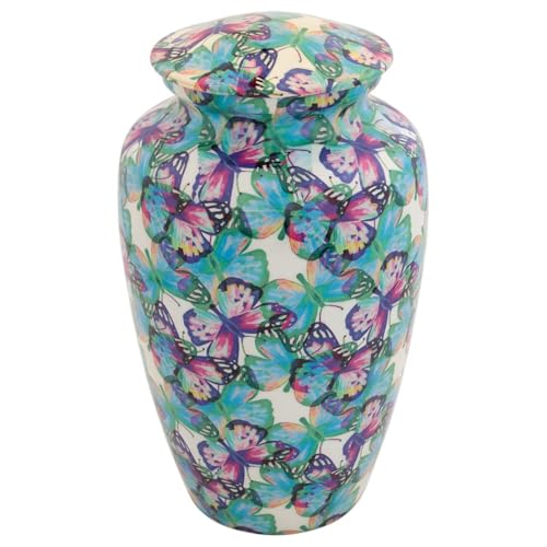 Butterfly Kaleidoscope Cremation Urn for Ashes, Aluminum, Blue Urn, Adult Sized Cremation Urn, 10.5 Inches High - color: Butterfly Kaleidoscope