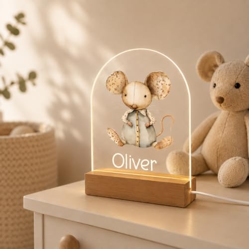 MIRROR MANIA Personalized Mouse Night Light for Kids, Custom Name Acrylic LED Lamp with Wood Base, Soft White USB Nursery Light for Baby Girls & Boys, Handmade in Connecticut, USA