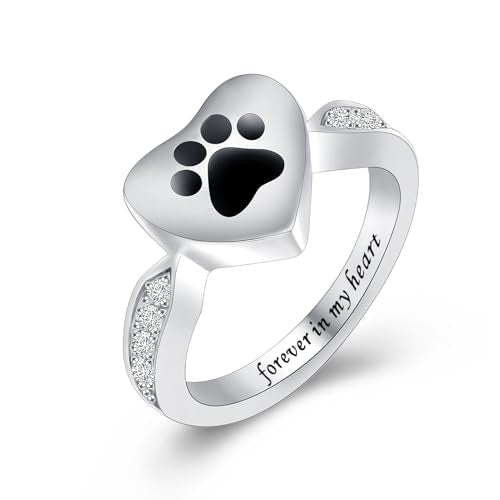 Heart Paw Print Cremation Urn Ring for Human Ashes for Women Men with Crystals, Forever in My Heart Pet Ashes Memorial Keepsake Ring - color: Black-6#