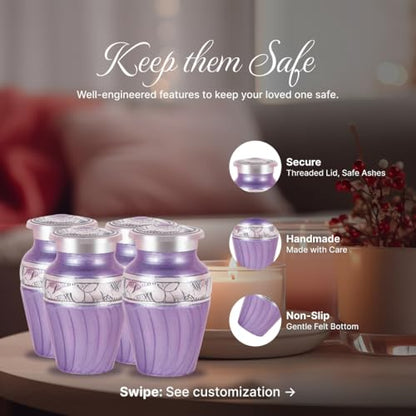 Set of 7 Custom Engraved Plaque with Purple Cremation & Funeral Urns for Ashes for Women & Men - Includes 1 Custom Engraved Large Purple Urn with 4 Small Keepsakes & 1 Necklace - color: Purple Patch Custom Plaque Set