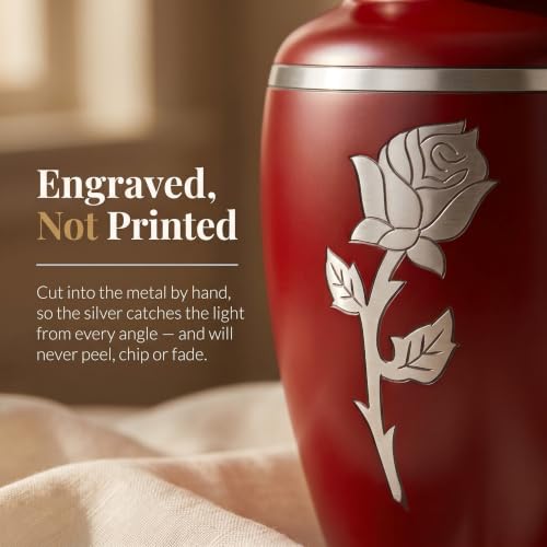 Red Rose Cremation Urn for Ashes Adult Female, 220 Cubic Inches | Hand-Engraved Rose, Solid Metal Build, Threaded Lid, Velvet Bag Included, Burial or Display Ready, Holds 220 Pounds - color: Red