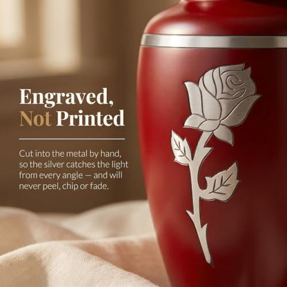 Red Rose Cremation Urn for Ashes Adult Female, 220 Cubic Inches | Hand-Engraved Rose, Solid Metal Build, Threaded Lid, Velvet Bag Included, Burial or Display Ready, Holds 220 Pounds - color: Red