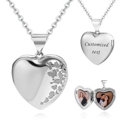 Heart Locket Necklace for Women Butterfly Necklace Holds Pictures Memorial Jewelry Birthday Mother's Day for Women - color: Silver