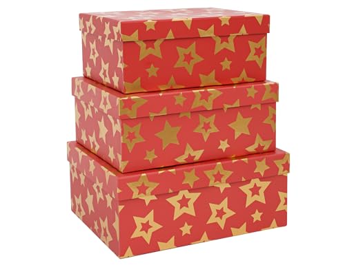 3-Piece Seasonal Holiday Boxes with Lids for Presents, Red Gold Star, Presentation Wrapping, Cardboard Paper Box for Holiday Parties, Hostess Gifts, Decorative Christmas Box - color: RED AND GOLD STAR