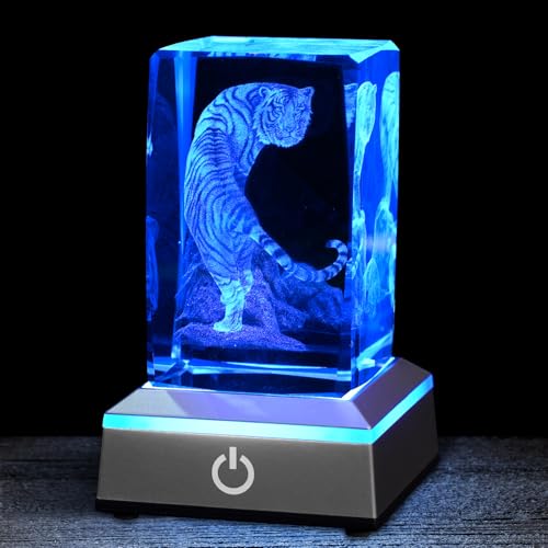 3D Tiger Crystal Night Light with Multicolor LED Base Glass Laser Engraved White Tiger Lamp Figurines Gifts for Boys Girls Lovers Birthday Christmas Room Decor - color: Tiger