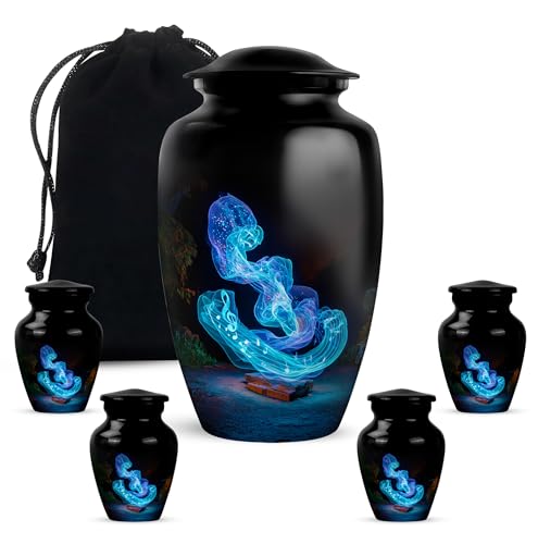 Yatskia Blue Music Large Memorial Urns for Human Ashes Adult Male and Female, Small Cremation Keepsake Urn for Ashes Adult Dad, (Classic 10 Inch and 3 Inch) - color: #1 Music, size: Combo Pack of 5