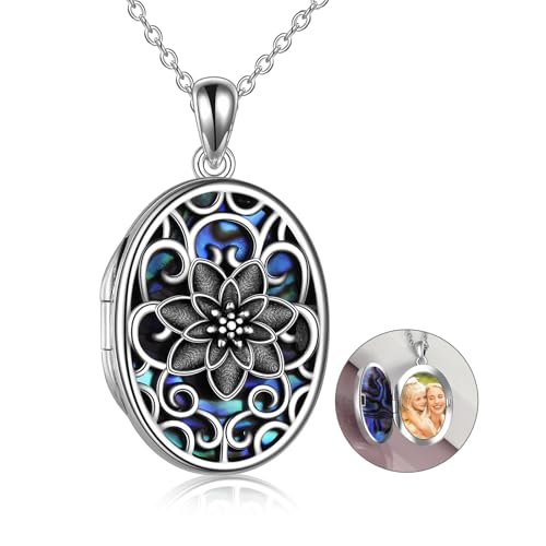 Lotus Locket Necklace Sterling Silver Lotus Flower Locket Necklace That Holds Pictures Yoga Locket Pendant Mother's Day Gifts for Women Wife Mom - style: Abalone Lotus