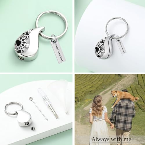 Hearbeingt Teardrop Urn Keychain for Ashes Tree of Life Cremation Jewelry - color: Paw Print-silver