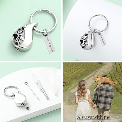 Hearbeingt Teardrop Urn Keychain for Ashes Tree of Life Cremation Jewelry - color: Paw Print-silver