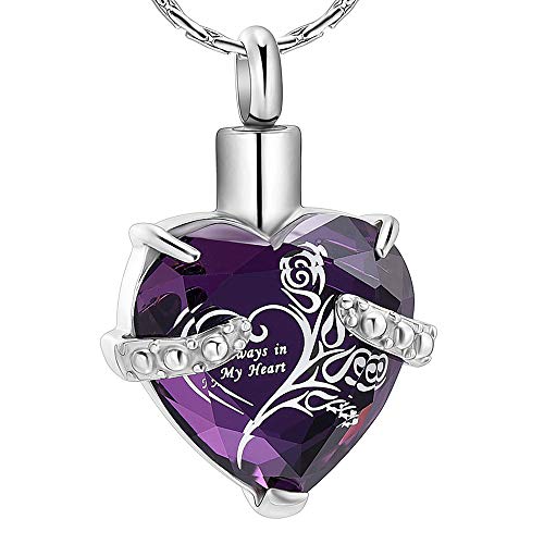 constantlife Crystal Heart Shape Cremation Jewelry Memorial Urn Necklace for Ashes, Stainless Steel Ash Holder Pendant Keepsake with Gift Box Charms Accessories for Women - color: Purple + White