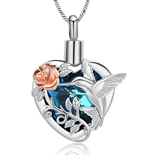 Yinplsmemory Hummingbird Cremation Jewelry Crystal Heart Urn Ashes Necklace for Women Men Memorial Keepsake Necklace of Loved One - color: Blue-Rose gold