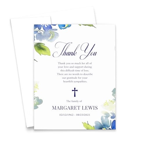 Modern Pink Paper Blue Greenery Funeral Sympathy Thank You Cards Personalized Memorial Thank You Notes, Elegant Celebration of Life Notes, Your Choice of Quantity and Envelope Color - color: Blue and Green