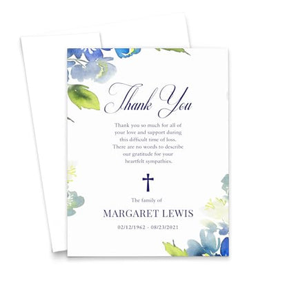 Modern Pink Paper Blue Greenery Funeral Sympathy Thank You Cards Personalized Memorial Thank You Notes, Elegant Celebration of Life Notes, Your Choice of Quantity and Envelope Color - color: Blue and Green