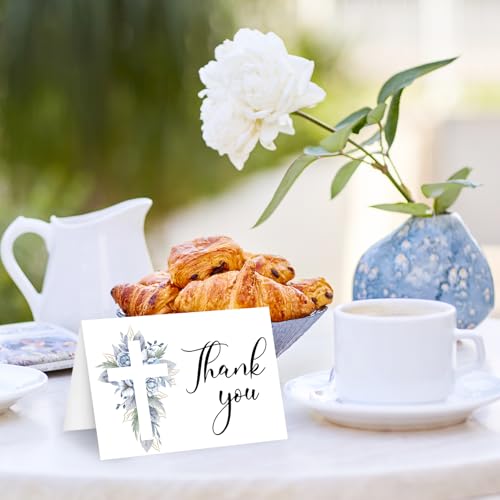 FYSUIMU 50Pcs Funeral Thank You Card Cross Flower Sympathy Boxed Thank You Card with Sticker Envelope Blue Floral Bereavement Cards for Memorial Service Loved Ones Celebration of Life