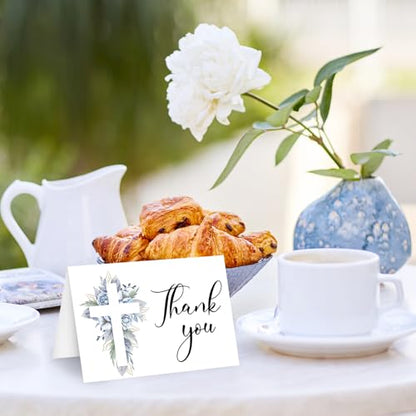 FYSUIMU 50Pcs Funeral Thank You Card Cross Flower Sympathy Boxed Thank You Card with Sticker Envelope Blue Floral Bereavement Cards for Memorial Service Loved Ones Celebration of Life