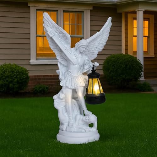 Dlfghos St Michael The Archangel Solar Outdoor Garden Decor Statues–12 in Miguel Arcangel Statue Solar Outdoor Sculptures for Outside Yard Patio Balcony Front Lawn Decor - color: White