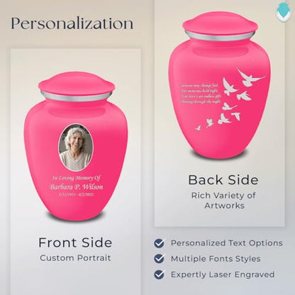 Geturns Embrace Adult Personalized Doves Cremation Urns for Human Ashes I Large Picture Bright Pink Funeral Urn for Adult Men and Women with Double Side Engraving I 200 lbs - color: _Bright Pink (Double Sided)