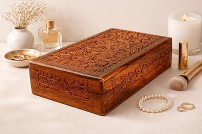 India House-Hand Engraved FLORAL Wooden Box Keepsake Jewelry Organizer &Storage (Design 8) - color: Design 8