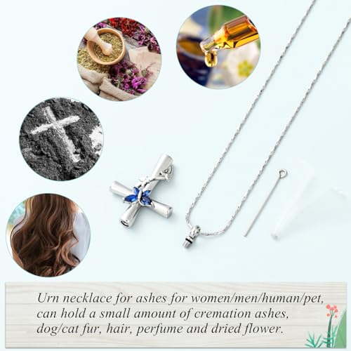 Imrsanl Cross with Butterfly Urn Necklaces for Ashes for Women - color: Silver Blue