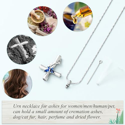 Imrsanl Cross with Butterfly Urn Necklaces for Ashes for Women - color: Silver Blue