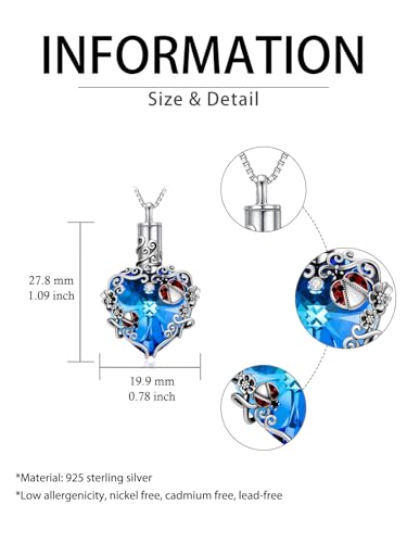 JKR Heart Urn Necklace for Ashes Crystal Keepsake Pendant Memorial Jewelry - style: Ladybug-Blue Heart