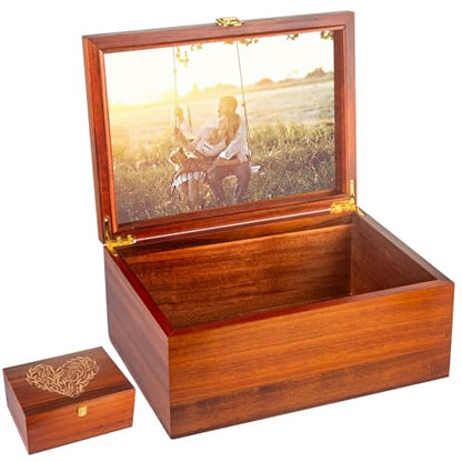 Larger Wooden Memory Keepsake Boxes With Hinged Lids and a photo frame inside the lid - Decorative Storage Box With a Hinge Lids For Picture Letter Time Capsule - 5.3“*8.6”*11.7“- Acacia