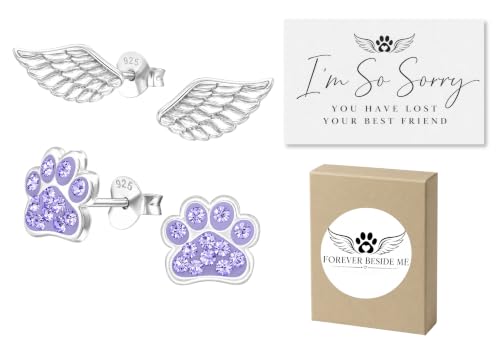 925 Sterling Silver Paw Print and Angel Wing Stud Earrings with Jewelry Box and Sympathy Card, Pet Memorial Gift for Dog or Cat Loss Remembrance - color: Light Purple