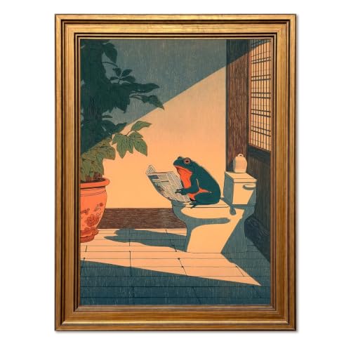 Vintage Gold Framed Bathroom Wall Art,Funny Japanese Frog Reading Newspaper on Toilet Pictures Wall Decor, Whimsical Green Animal Paintings Canvas Prints Farmhouse Decor for Bathroom Restroom 8x10 Inch - color: Green Bathroom Frog, size: 10"L x 8"W
