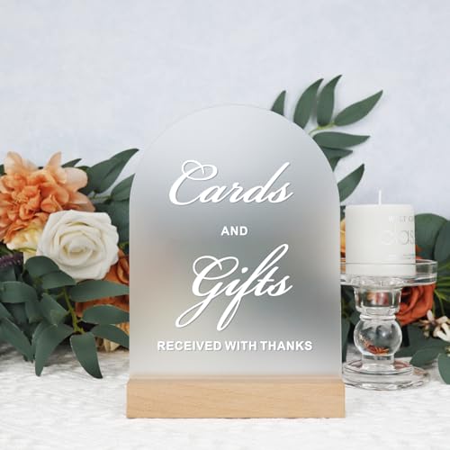 Acrylic Cards and Gifts Sign for Wedding Reception with Wood Stand, 5 x 7 | Wedding signage directs guests to the card box or gift table; frosted acrylic sign with UV-printed white text. - size: Cards and Gifts Sign
