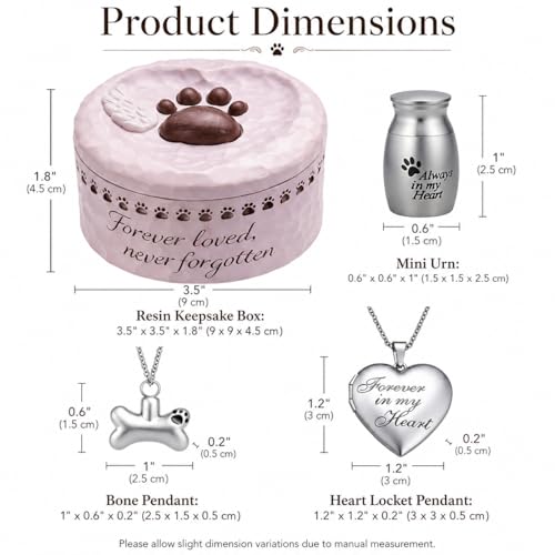Pet Memorial Gift Set for Loss of Dog Cat | Resin Paw Print Box, Stainless Steel Cremation Urn, Waterproof Ashes Necklace (Bone&Heart), Pet Hair Keychain sympathy gift