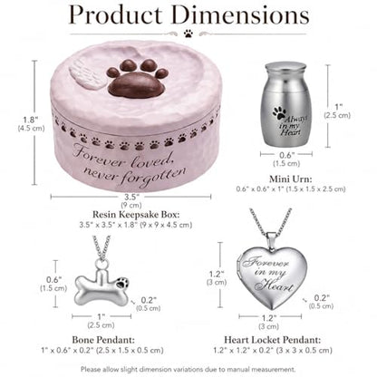 Pet Memorial Gift Set for Loss of Dog Cat | Resin Paw Print Box, Stainless Steel Cremation Urn, Waterproof Ashes Necklace (Bone&Heart), Pet Hair Keychain sympathy gift