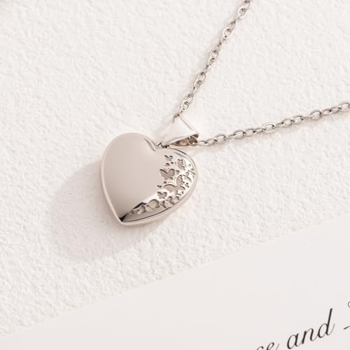 Heart Locket Necklace for Women Butterfly Necklace Holds Pictures Memorial Jewelry Birthday Mother's Day for Women - color: Silver