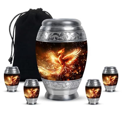Phoenix Bird, Funeral Urns, Combo of 1 Large Urn with Velvet Bag and 4 Small Keepsake, Cremation Urn for Human Ashes, Keepsake Urns for Adult, Burial Urn, Memorial Urns, Male & Female Urns - size: 1 Large Urn(10inch)+4 Keepsake(3inch)