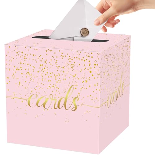 Pink and Gold Card Box for Party, Graduation, Baby Shower, Wedding | Box for Cards, Envelope, Raffle Ticket, Ballot, Money Receiving; 8.7 x 8.7 x 8.7 Inch Gift Card Box for Grad Party Decoration - color: Pink Polka Dot